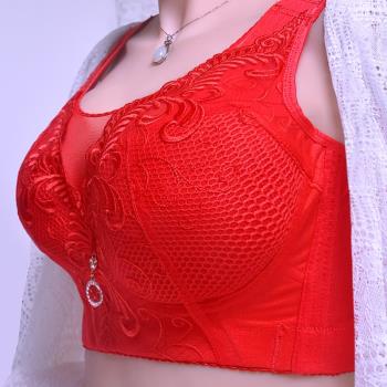 紅色本命年文胸大碼大罩杯無鋼圈薄上托胸罩聚攏收副乳調整型內衣