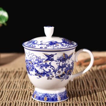 瓷博 骨瓷水杯子 景德鎮陶瓷茶杯帶蓋青花瓷女士創意時尚可愛禮品