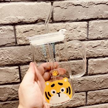 辦公室帶蓋把手吸管刻度玻璃杯