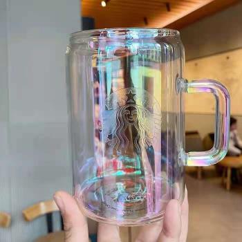 電鍍耐熱21新款超級炫彩大茶缸創意鐳射彩色玻璃杯漸變霓虹色茶杯