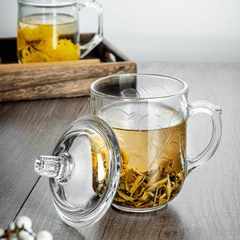 家用加厚耐熱把手杯刻花玻璃杯辦公室泡茶杯大容量帶蓋杯子水杯男