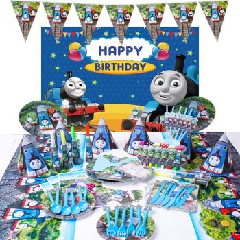 托馬斯火車主題生日派對裝飾桌布蛋糕紙盤紙杯帽拉旗背景掛布海報