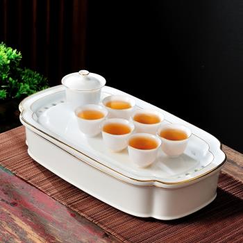創意茶盤輕奢羊脂玉瓷長方茶盤茶具套裝家用蓋碗陶瓷茶杯14寸托盤