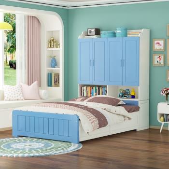 實木衣柜床一體省空間兒童床書柜組合床多功能帶柜子榻榻米高箱床