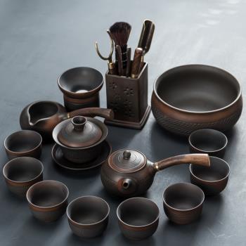 紫陶功夫茶具套裝復古家用簡約陶瓷側把泡茶壺蓋碗整套茶杯茶盤