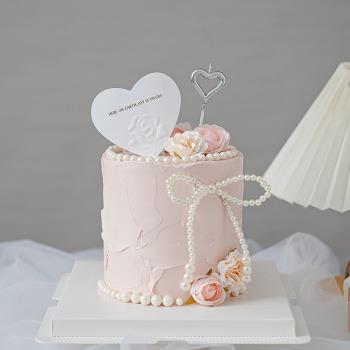 情人節烘焙蛋糕裝飾白色浮雕愛心卡片插件蝴蝶結珍珠鏈派對裝扮