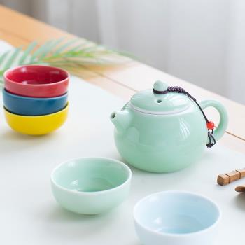 不單典雅青瓷彩色功夫茶具小套裝簡約家用辦公室陶瓷泡茶壺茶杯