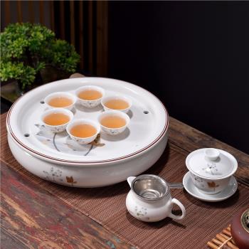 家用功夫茶具茶船骨瓷儲水圓形大號茶盤整套蓋碗茶杯簡約茶具套裝