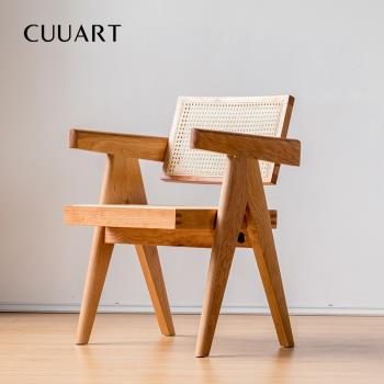 北歐實木餐椅藤編復古設計師Pierre Jeanneret餐廳高端昌迪加爾椅