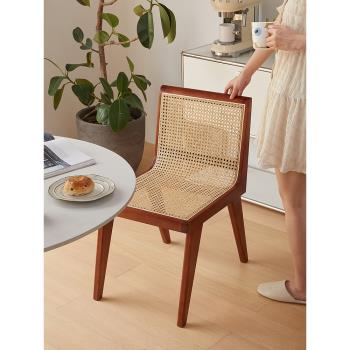中古藤編餐椅設計師款復古侘寂風家用餐廳椅子vintage藤面靠背椅