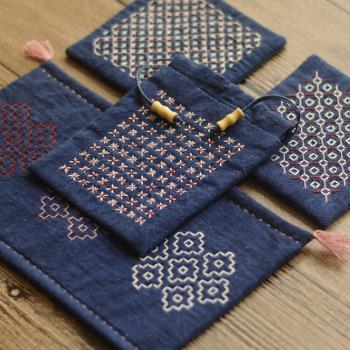 海棠花刺子繡茶墊席巾品茗杯布藝手工縫紉DIY材料套裝包成人自制