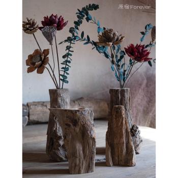 禪意中式實木干花花瓶復古民宿裝飾花束茶道桌面擺件天然枯木花器