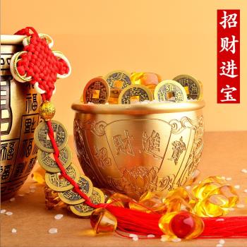 百福銅缸擺件 純黃銅招財進寶筆筒聚寶盆煙灰缸五帝錢客廳裝飾品