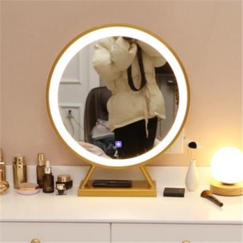 北歐圓形LED梳妝鏡 智能發光三色可調梳妝臺桌面化妝鏡補光美容鏡
