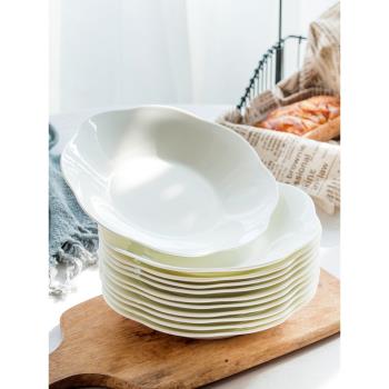 純白骨瓷菜盤陶瓷家用創意餐具深盤西餐牛排平盤沙拉盤碟荷口盤子
