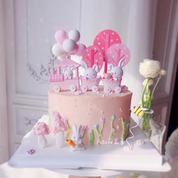 烘焙蛋糕裝飾擺件粉色小火車兔子蘿卜水壺粉色兔子生日插牌插件