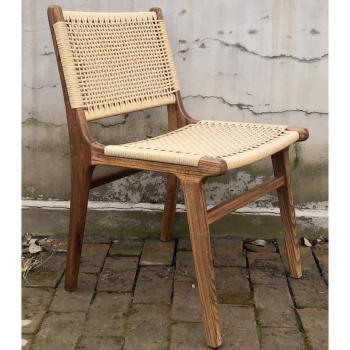 北歐新款承上啟下咖啡廳辦公接待椅老榆木胡桃木實木真皮編織餐椅