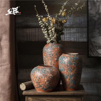 粗陶陶瓷干花花瓶花器陶罐復古裝飾擺件大三件套裝景德鎮禪意古樸