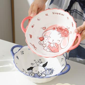 卡通雙耳陶瓷碗可愛單個泡面碗家用學生餐具湯碗拉面碗沙拉釉下彩