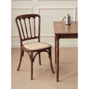 法式復古餐椅中古實木藤編靠背椅現代簡約原木咖啡廳餐桌椅子家具