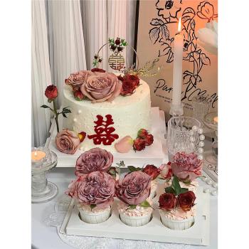 鐵藝圓形囍蛋糕裝飾擺件石榴花鳳凰珍珠訂婚禮結婚喜字甜品臺插件