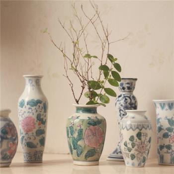 釉下彩老貨懷舊粉彩手繪青花陶瓷小花瓶水培花瓶花器擺件軟裝飾品