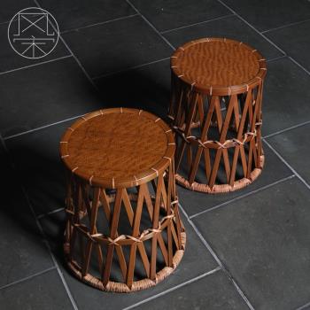 竹編凳子創意矮凳 中式復古成人板凳圓凳 休閑小竹凳竹席面編織
