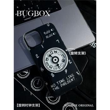 BUGBOX原創意雙層時鐘小狗適用iPhone14Pro鏡面12蘋果15/13ProMax手機殼14防摔個性旋轉支架保護套黑色