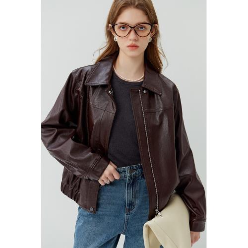 范思藍恩美式復古pu皮衣外套女秋2023新款咖色美拉德穿搭皮衣夾克