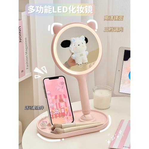公主鏡創意桌面帶燈LED化妝鏡可愛貓耳鏡子女生梳妝臺補光臺式鏡