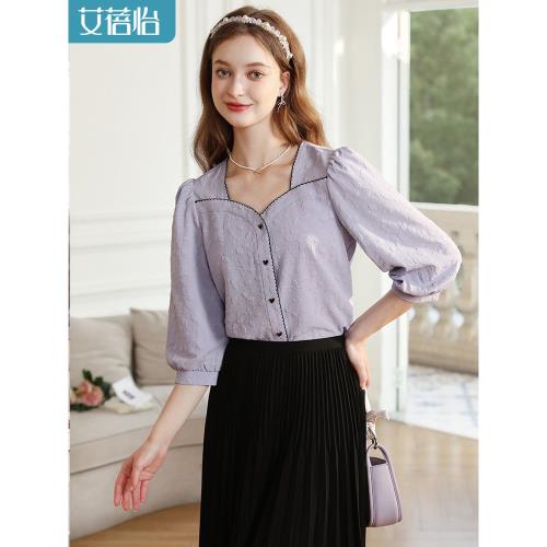 紫色法式花邊方領七分泡泡袖襯衫上衣女2025秋季新款別致漂亮小衫