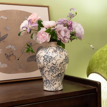 復古森林新中式冰裂釉青花瓷花瓶小口徑陶瓷花瓶擺件水培家居裝飾