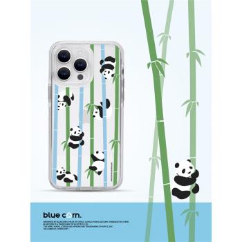 【bluecorn】藍色苞米竹林熊貓頑皮胖達panda適用于iPhone 15 14 13 PRO MAX magsafe鏡面磁吸防摔條紋手機殼