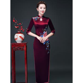 婚宴媽媽裝復古中長袖旗袍真絲