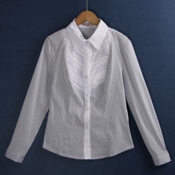 白領百褶斜條紋氣質長袖外貿襯衫