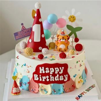 烘焙虎寶寶生日蛋糕裝飾擺件迷你生日帽小老虎周歲滿月甜品臺插件