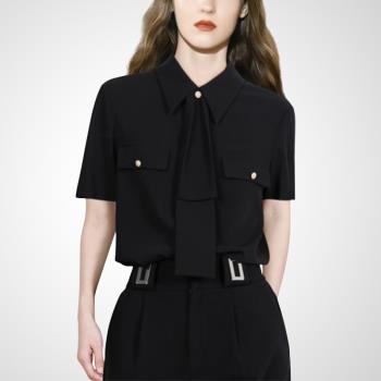 高級干練黑色領帶襯衫女秋季2023新款氣質通勤OL單排扣長袖襯衣潮