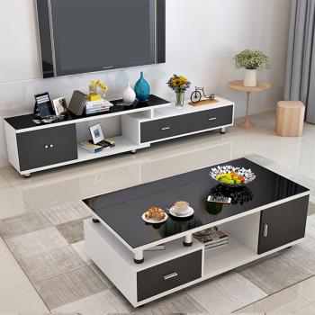現代簡約北歐風格鋼化玻璃電視柜茶幾組合小戶型伸縮套裝客廳家具