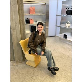 短款皮衣外套女2025年春季新款小個子真皮美拉德棕色復古機車夾克
