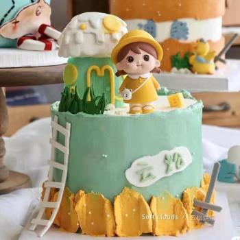 網紅萌萌女孩烘焙蛋糕裝飾可愛黃色大眼娃娃樹脂擺件小公主周歲