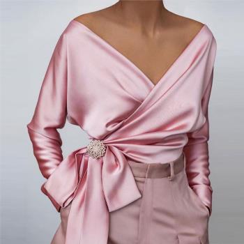 粉色V領修身系帶高彈襯衣緞面