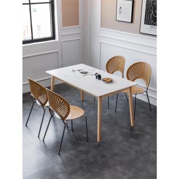 意式極簡現代簡約原木輕奢長方形白色家用巖板餐桌椅組合中小戶型