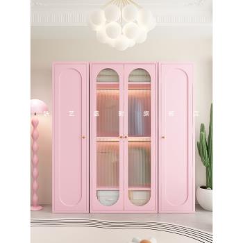 衣柜家用臥室現代簡約組合玻璃門鐵皮衣柜收納柜輕奢奶油風儲物柜