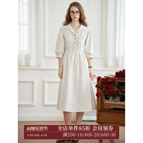 Simple Retro法式條紋短袖襯衫連衣裙女小眾設計感翻領通勤長裙子