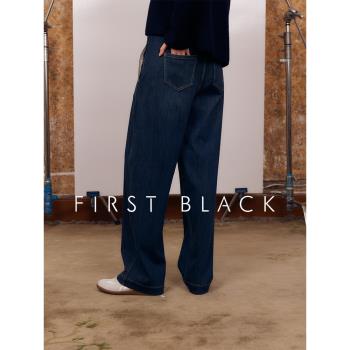 Black兩色復古高腰直筒牛仔褲子