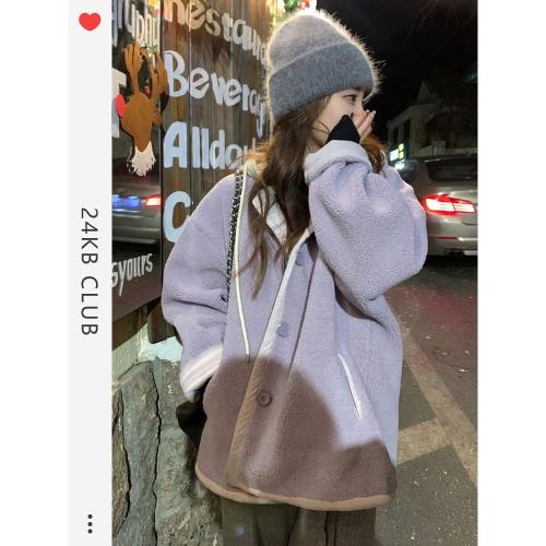 韓系慵懶風高級感超好看小香風紫色羊羔毛外套女2023新款爆款秋季