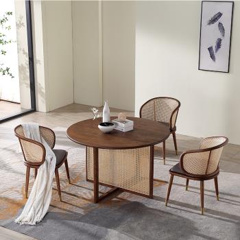 復古實木圓桌小戶型家用藤編餐桌椅組合日式現代簡約民宿橡木飯桌