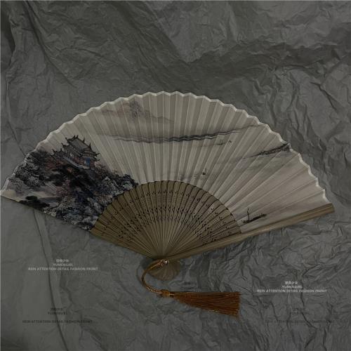 經典復古中國風山水黃鶴樓水墨畫折扇復古旗袍cos折疊跳舞竹扇子|扇子
