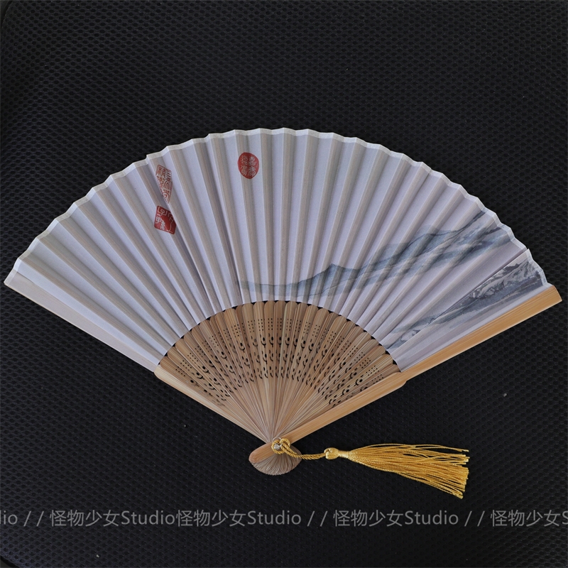經典復古中國風山水黃鶴樓水墨畫折扇復古旗袍cos折疊跳舞竹扇子|扇子