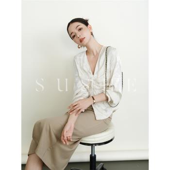 SUSHE束皙新中式V領暗紋上衣襯衫